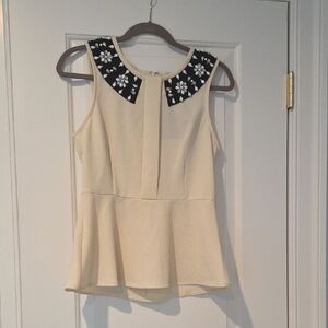 South Moon Under Beige Peplum Top with Black and White Floral Design